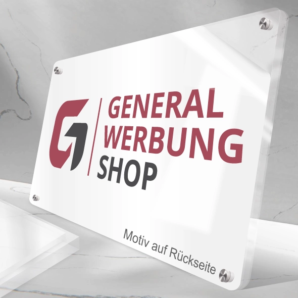 Acrylglas Plexiglas Transparent Platte Schild Motiv auf Rueckseite -General Werbung Shop